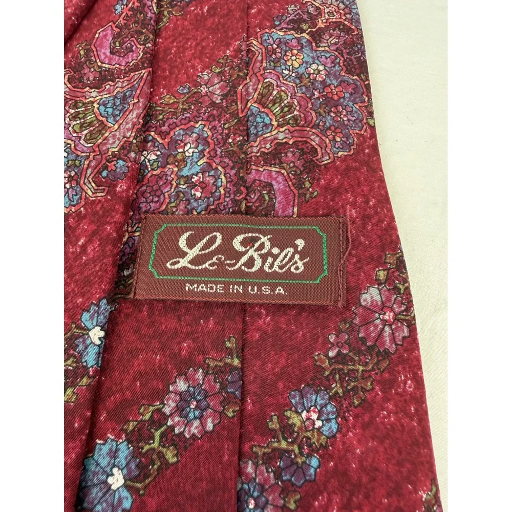 Le Bil's Mens Silk‎ Tie Burgundy Paisley Floral Striped Made in USA Necktie